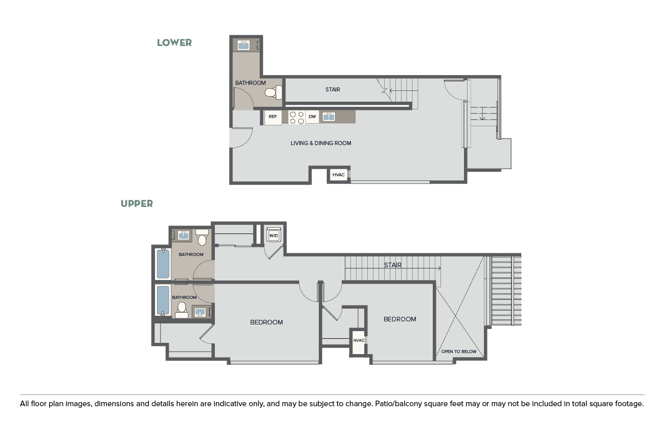 Floor plan for 2 beds, 2.5 baths, 1285 sqft